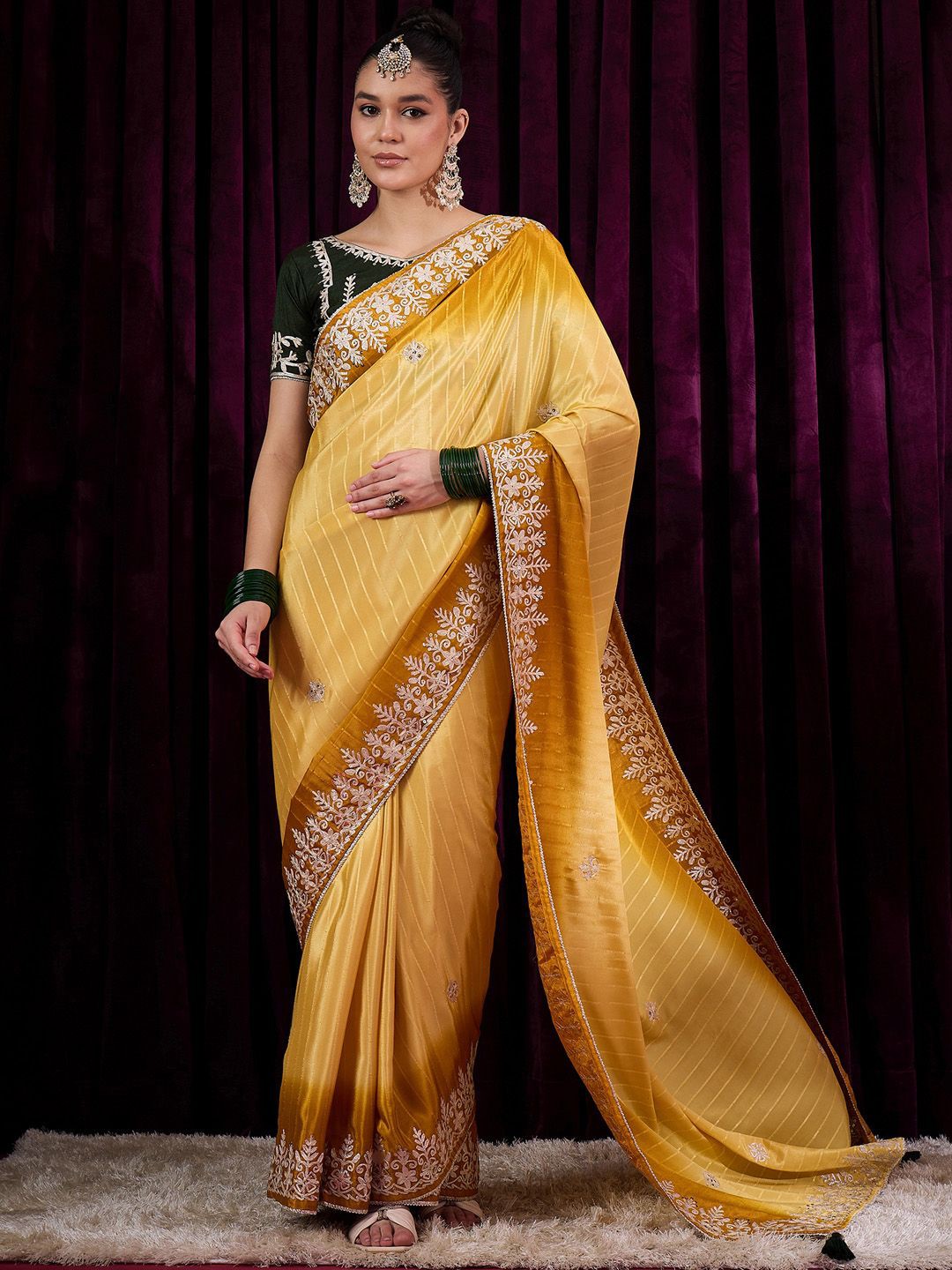 

Saree mall Woven Design Sequinned Sarees, Mustard