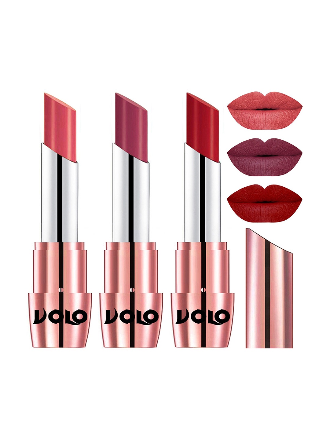 

VOLO Set Of 3 Creme Matte Lipstick-3.5 g Each-637-Tomato Red 638-Dark Peach 640-Rose Pink