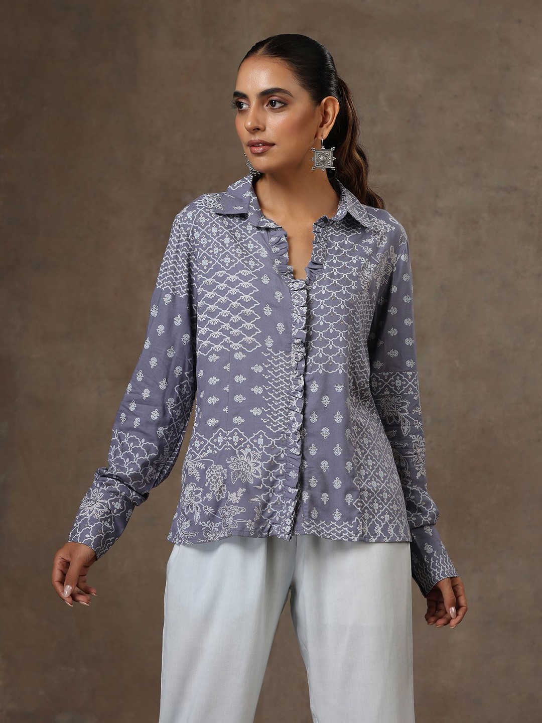 

House of Chikankari HOC Crafts Printed Top, Grey