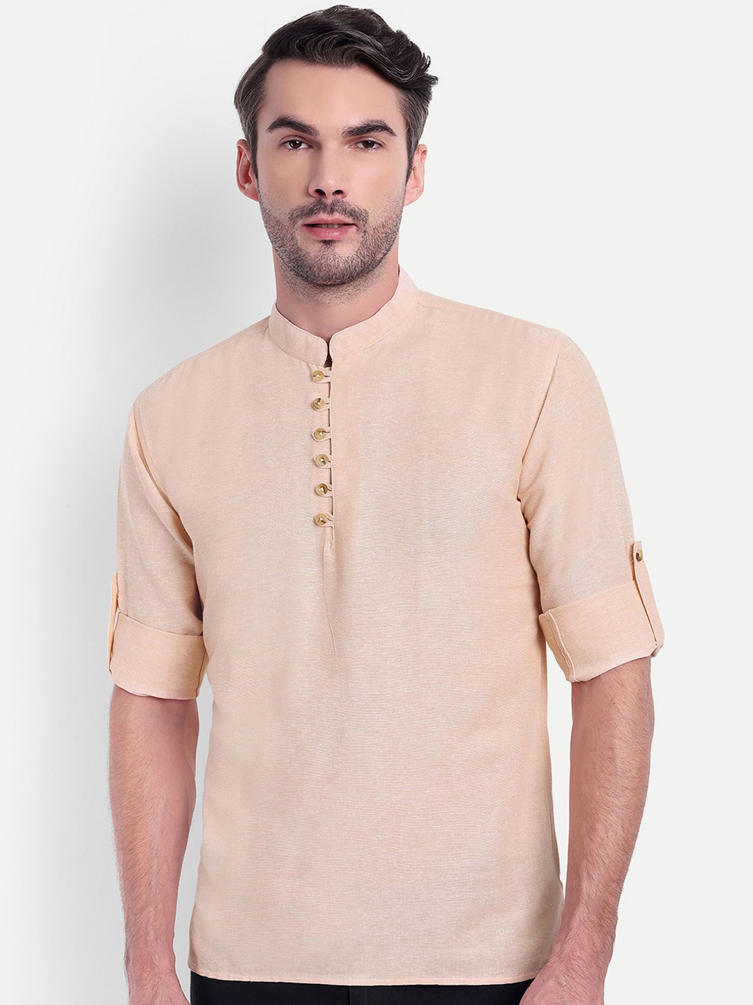 

Springberry Mandarin Collar Roll-up Sleeves Cotton Curved Kurta, Beige