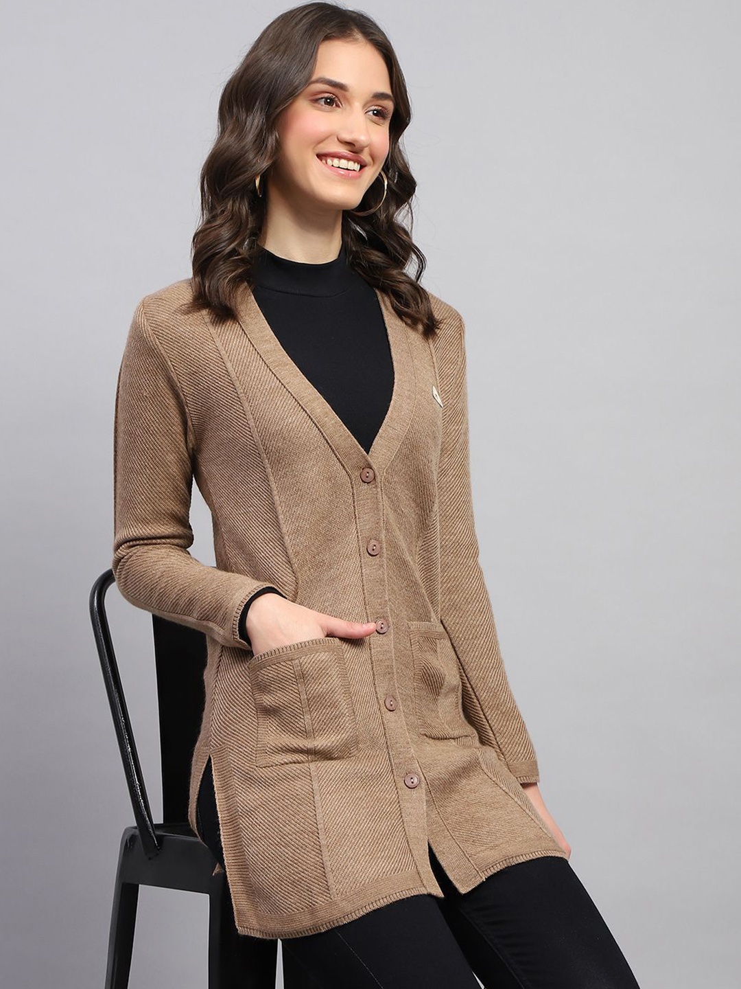 

Monte Carlo Women Solid Woollen Longline Cardigan, Brown