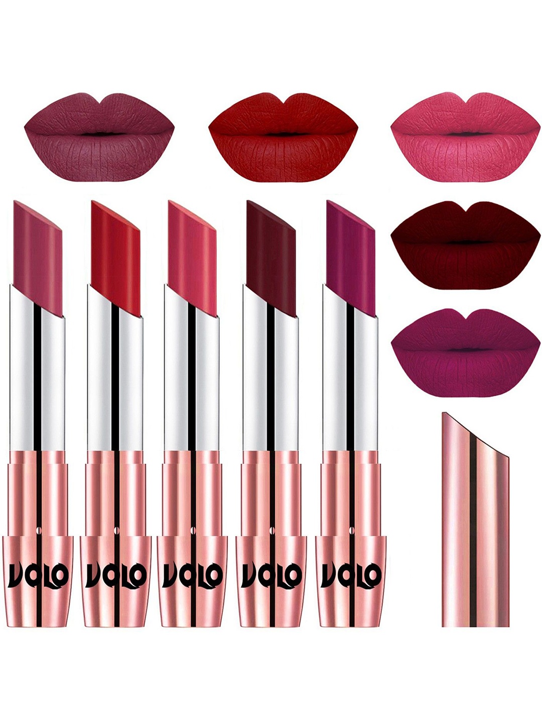 

VOLO Set Of 5 Creme Matte Lipstick-3.5g Each-Rose Pink- Tomato Red-Pink- Maroon-Magenta