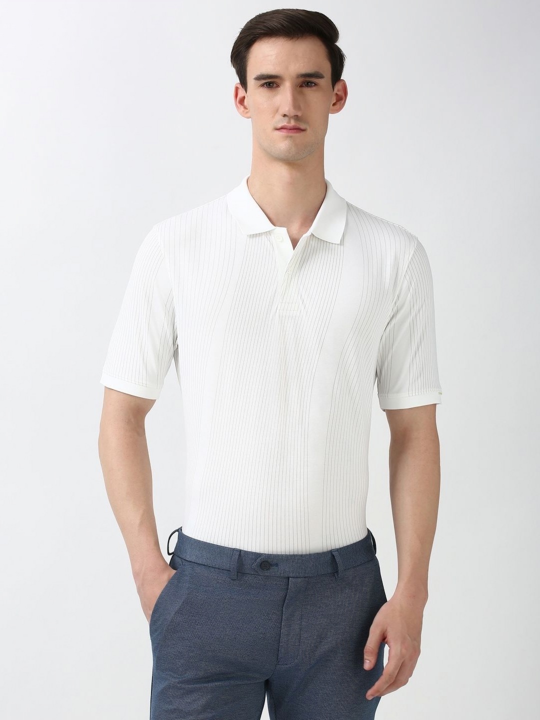 

Peter England Men Striped Polo Collar Cotton T-shirt, White