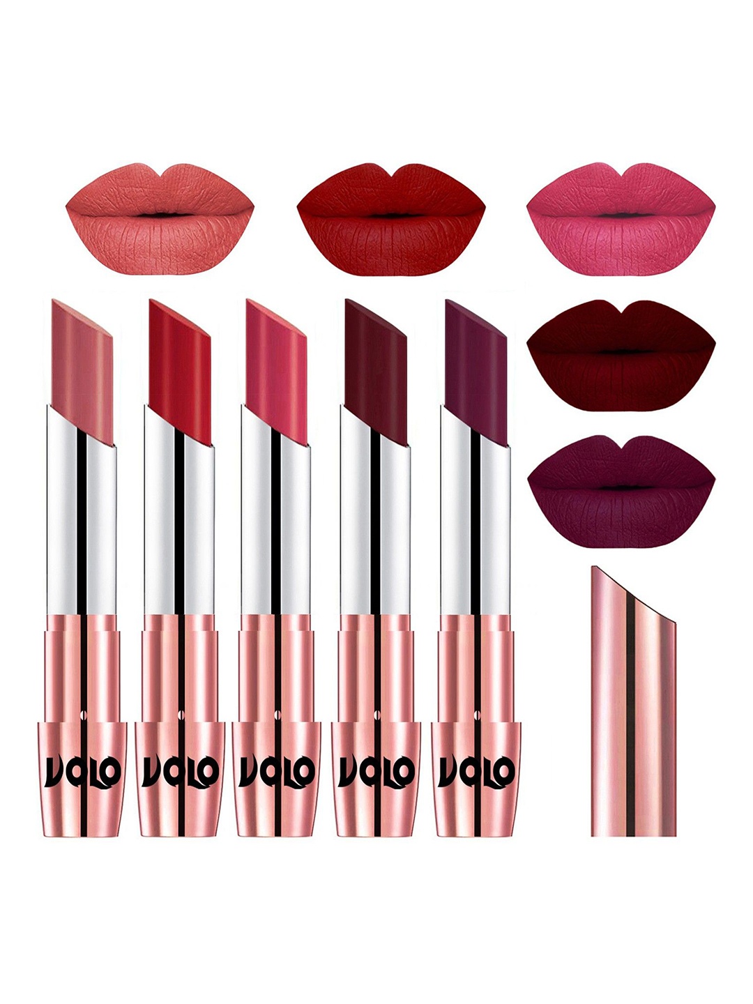 

VOLO Set Of 5 Creme Matte Lipstick-3.5g Each-Light Peach, Tomato Red, Pink, Maroon, Wine