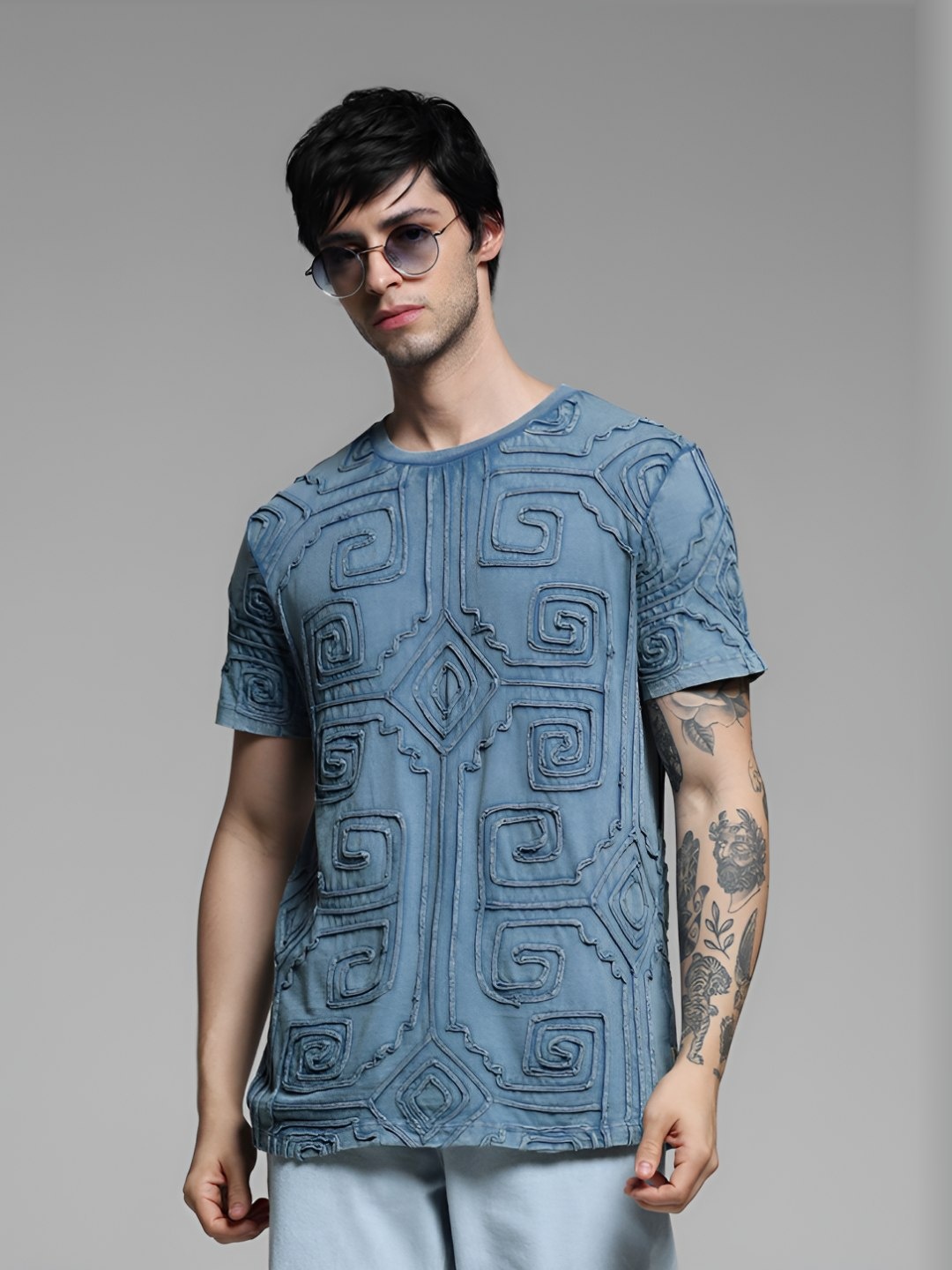 

Jack & Jones Men Self Design Round Neck Cotton T-shirt, Blue