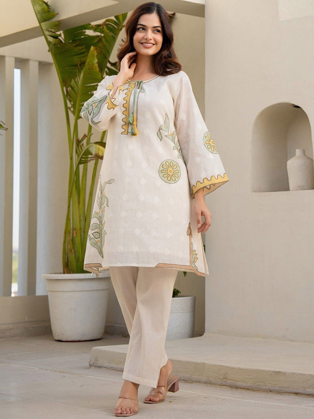 

AUTUMN LANE Floral Printed Tie-Up Neck Pure Cotton Tunic with Trousers, Off white