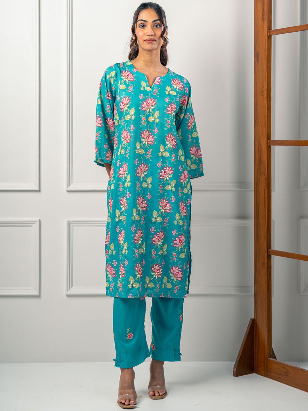 

India Circus by Krsnaa Mehta Floral Printed Notch Neck Tunic With Trousers, Turquoise blue