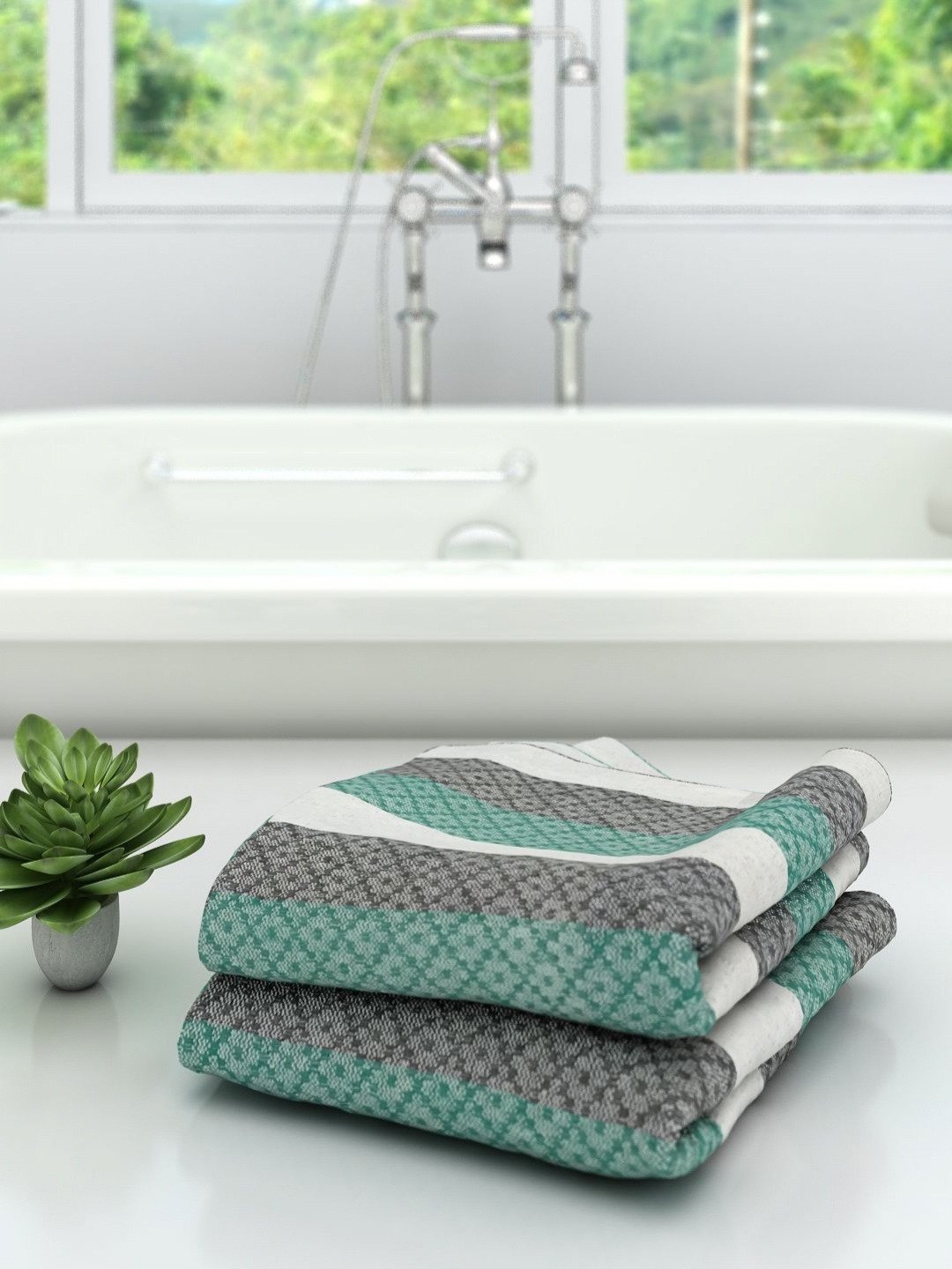 

Aura Green & Black 2 Pieces Striped Cotton 210 GSM Bath Towels