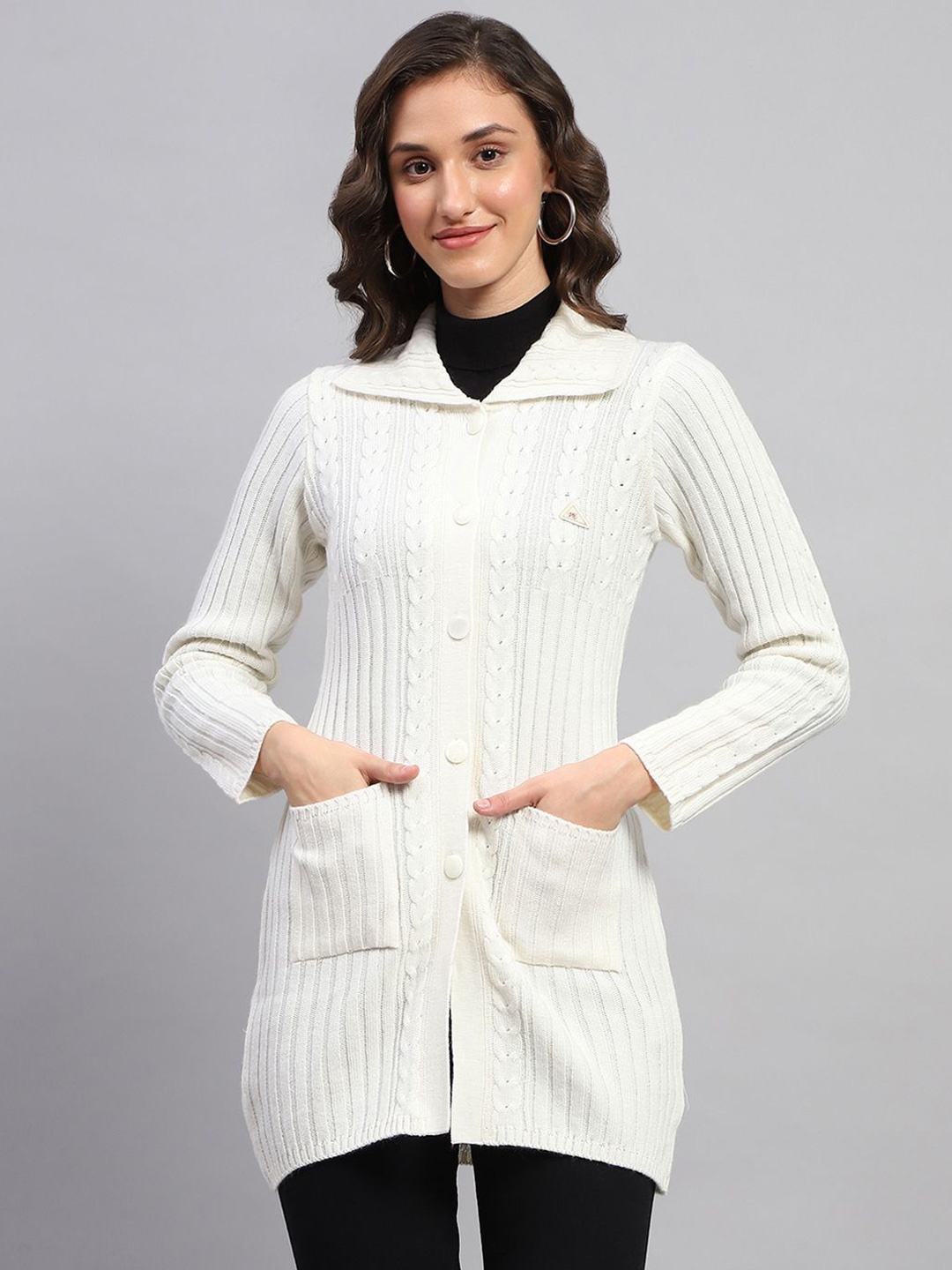 

Monte Carlo Women Self Design Cable Knit Longline Cardigan, White