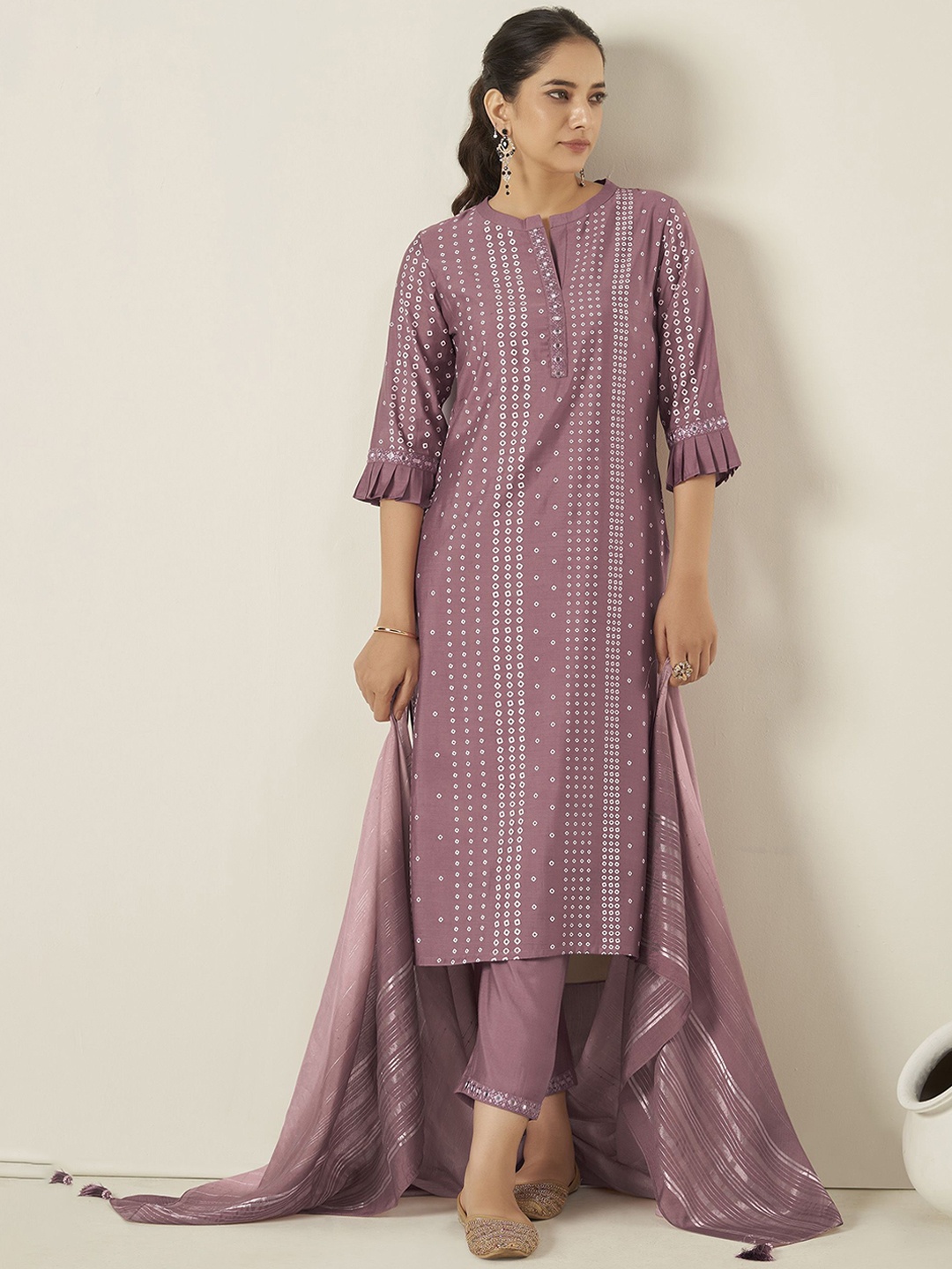 

Anouk Bandhani Printed Regular Mirror Work Chanderi Silk Kurta With Trousers With Dupatta, Mauve