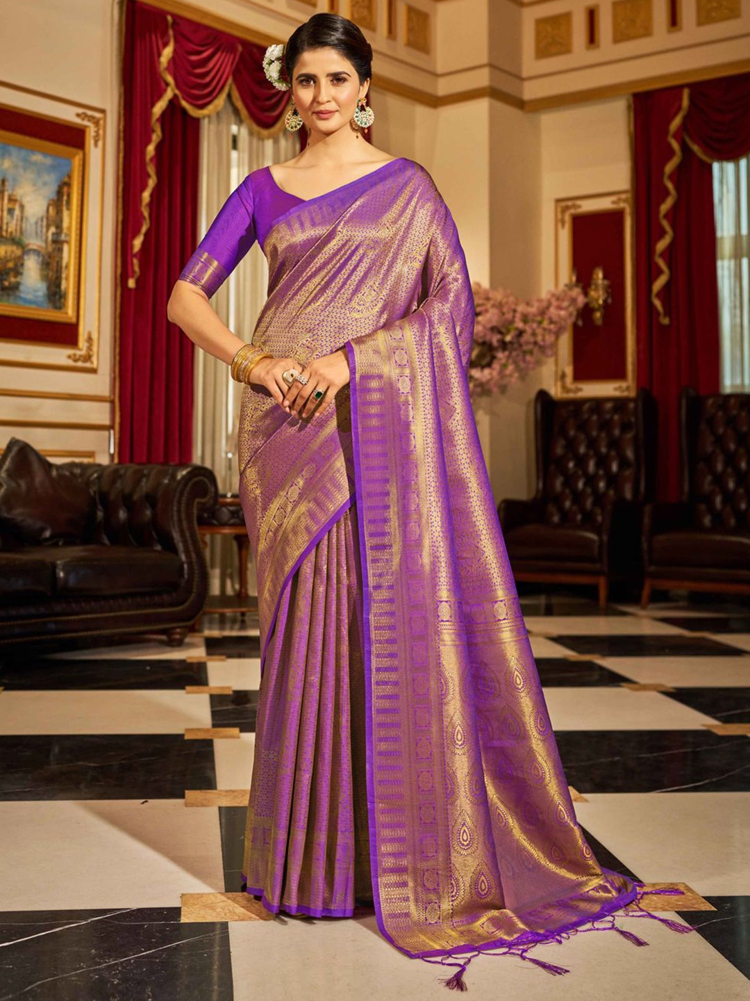 

Krimmple Woven Design Zari Saree, Purple