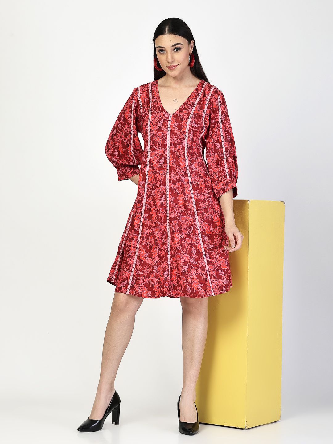 

COSMIC TRIO Floral Printed Bishop Sleeve A-Line Dress, Maroon