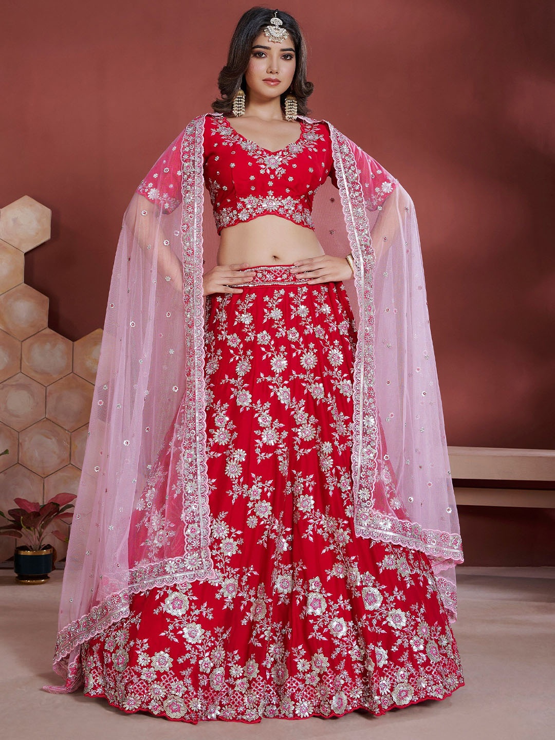 

JMS Studio Embroidered Sequinned Semi Stitched Lehenga & Unstitched Blouse With Dupatta, Pink