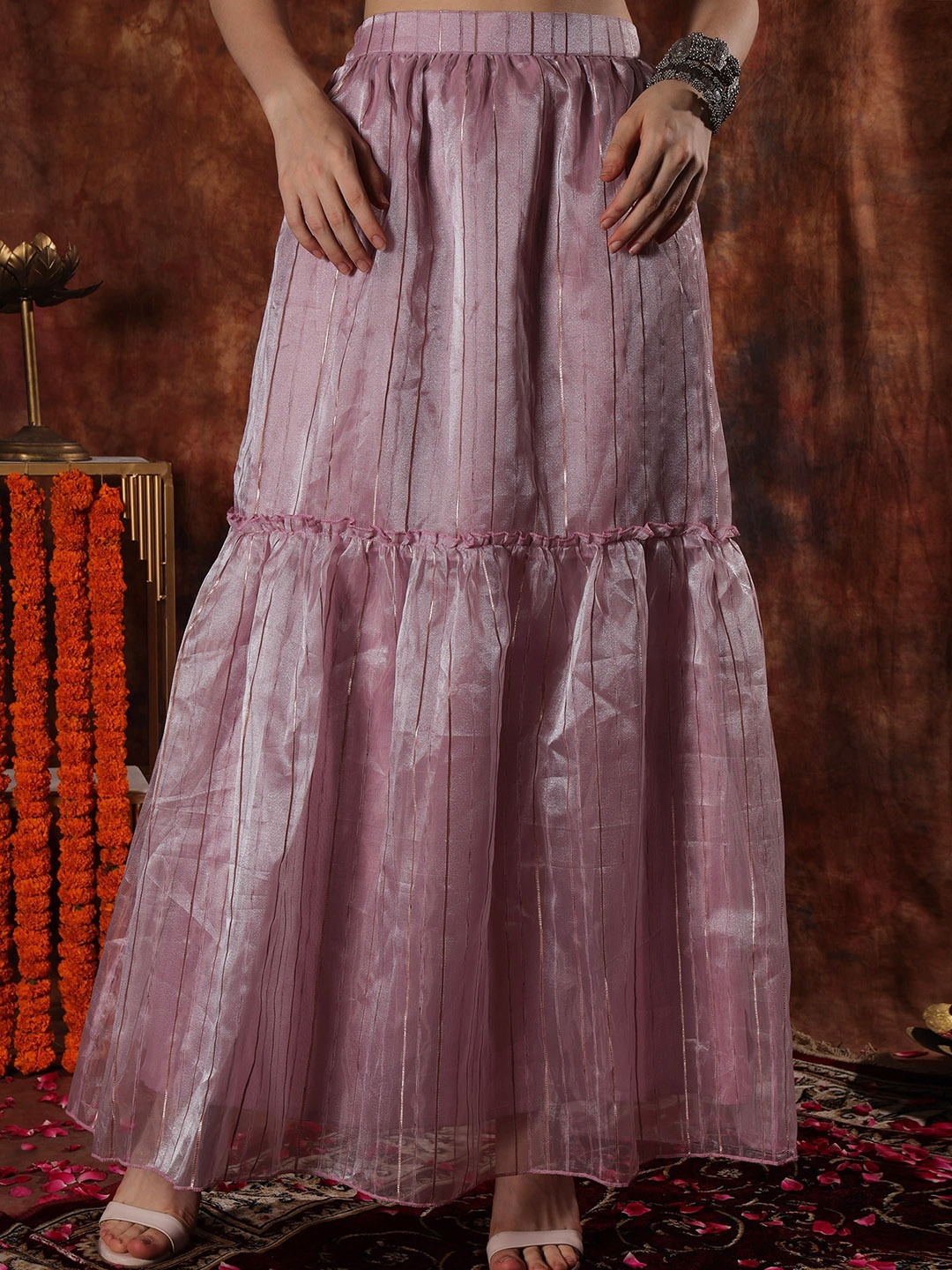 

NEUDIS Women Striped Flared Organza Maxi Skirt, Purple