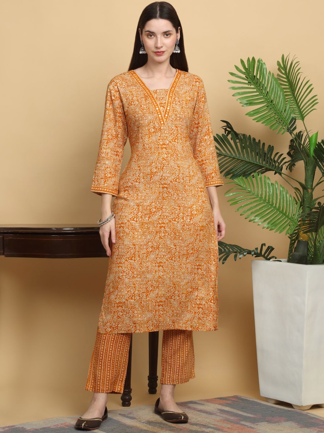 

KALINI Ethnic Motifs Printed Regular Mirror Work Straight Kurta With Trousers, Mustard