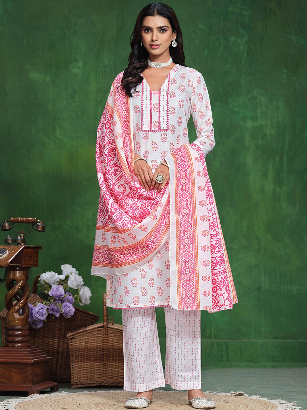 

Sangria White Ethnic Motifs Printed Sequined Cotton Straight Kurta With Trousers & Dupatta