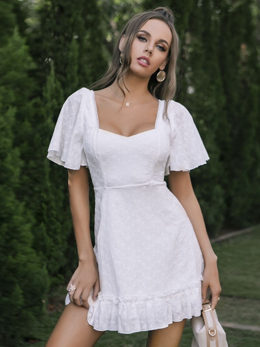 

KPOP Flared Sleeve Self Design Sweetheart Neck Fit and Flare Dress, White