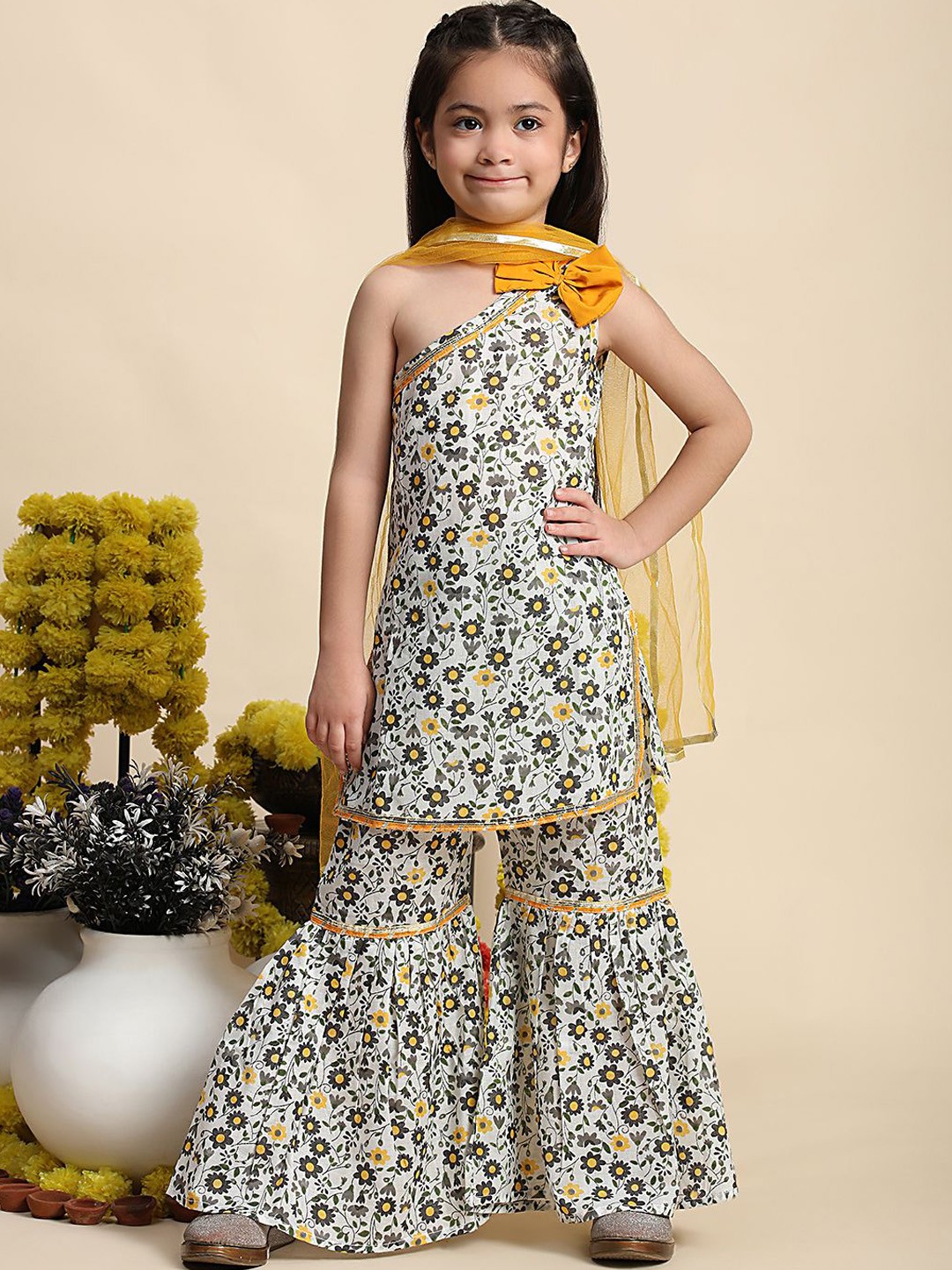 

Cutiekins Girls Floral Printed Straight Cotton Kurta with Sharara & Dupatta, Off white
