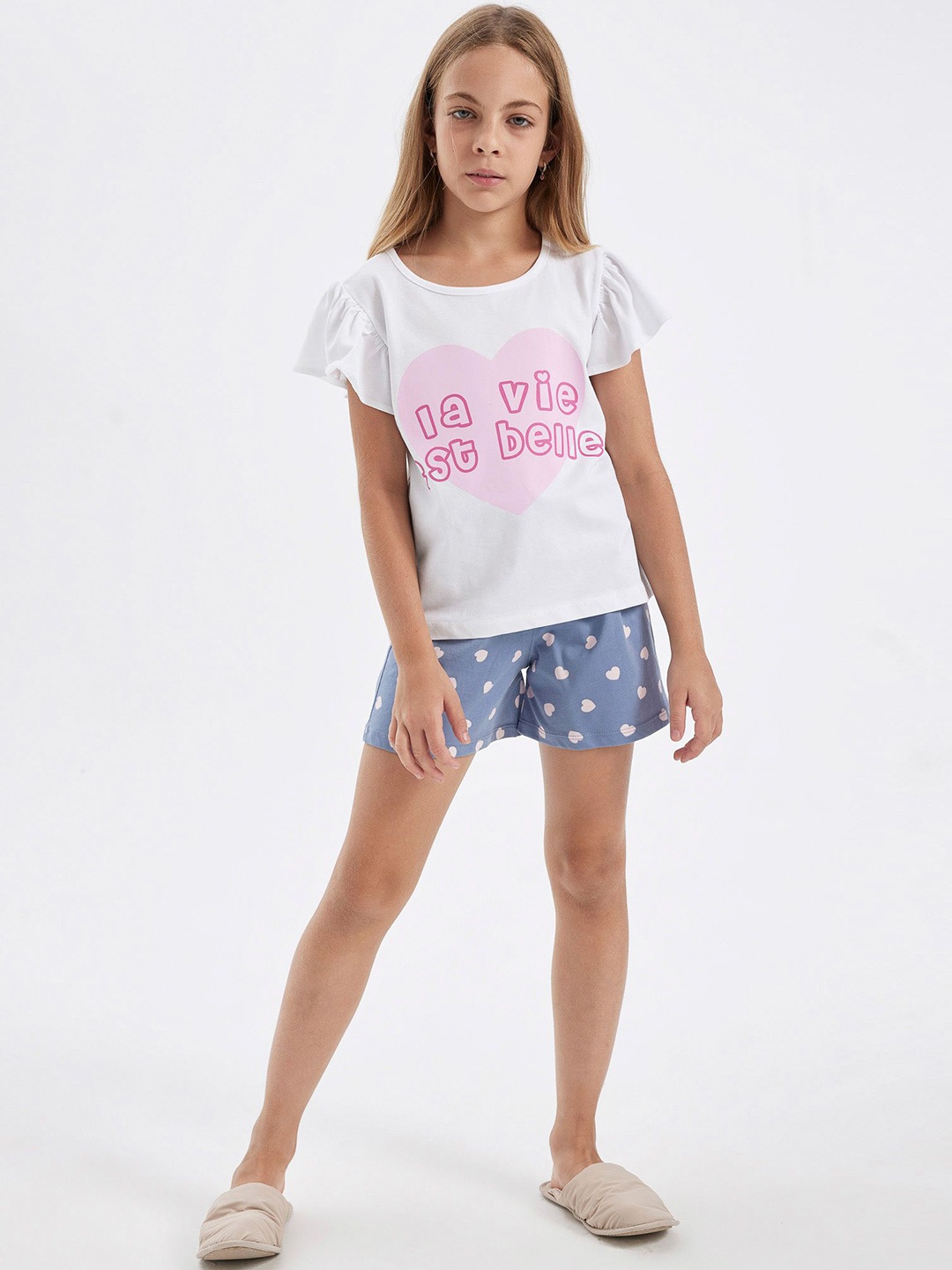 

DeFacto Girls Printed Pure Cotton T-Shirt With Shorts Night Suit, White