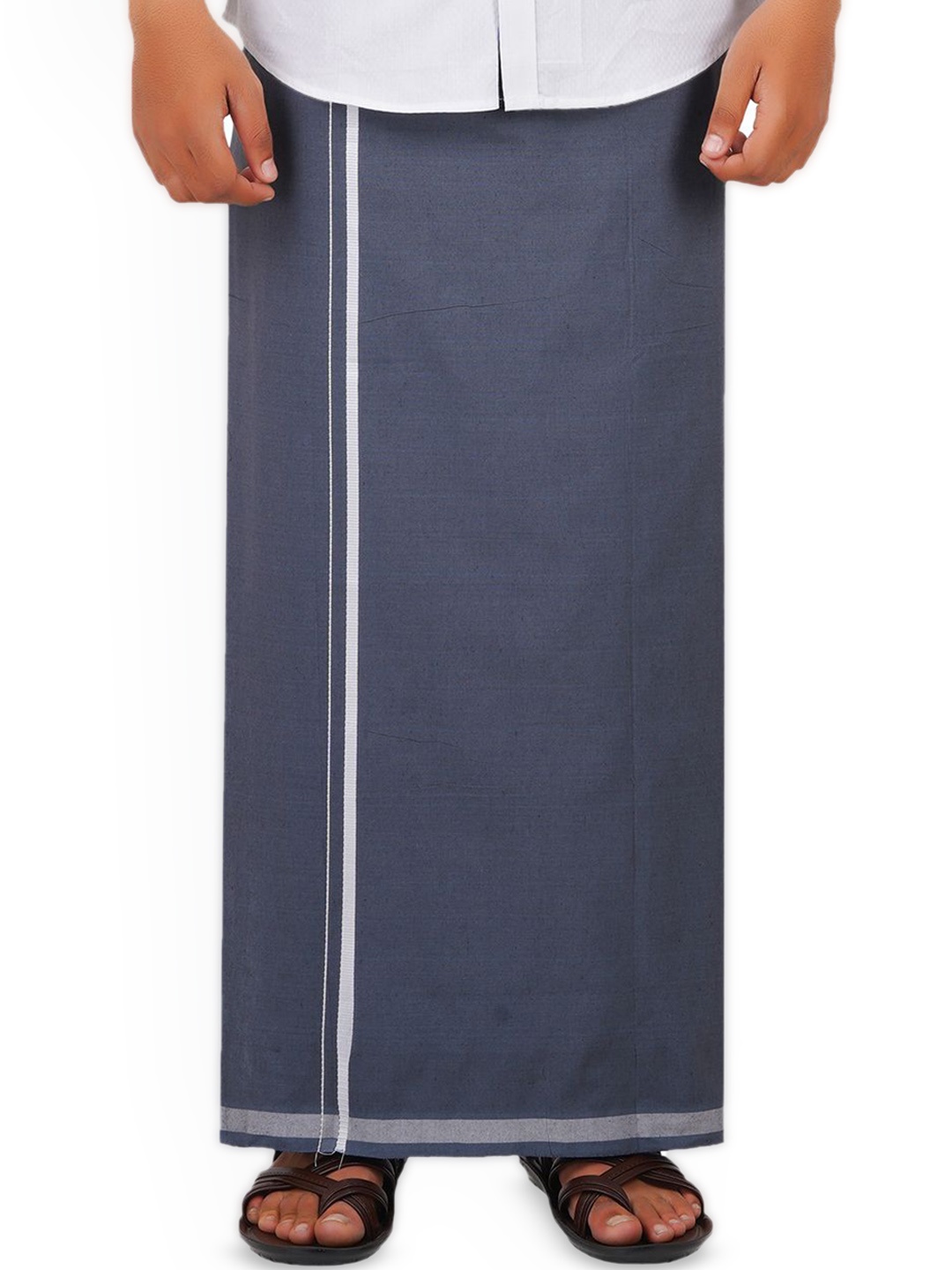 

ETHAZH Mens Cotton Grey solid with White Jari Border Colour Dhoti
