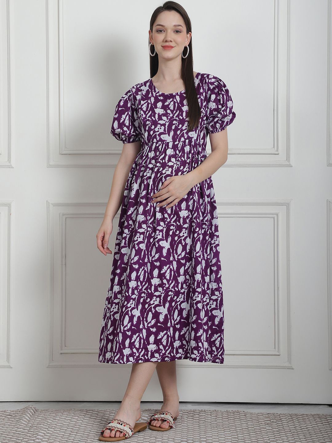 

Secret Wish Printed Cotton Maternity Midi Dress, Purple