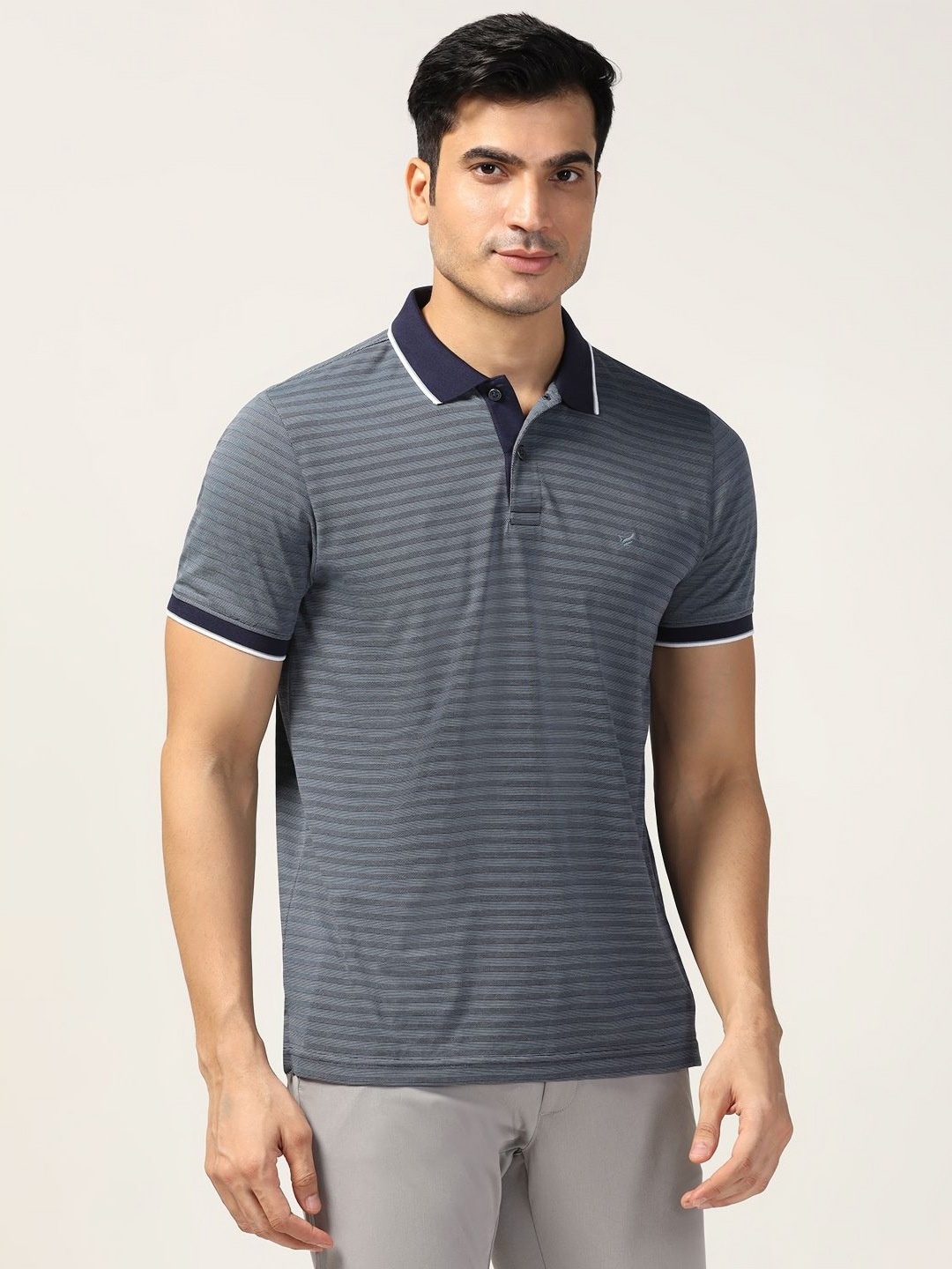 

Blackberrys Men Striped Polo Collar Cotton Slim Fit T-shirt, Grey