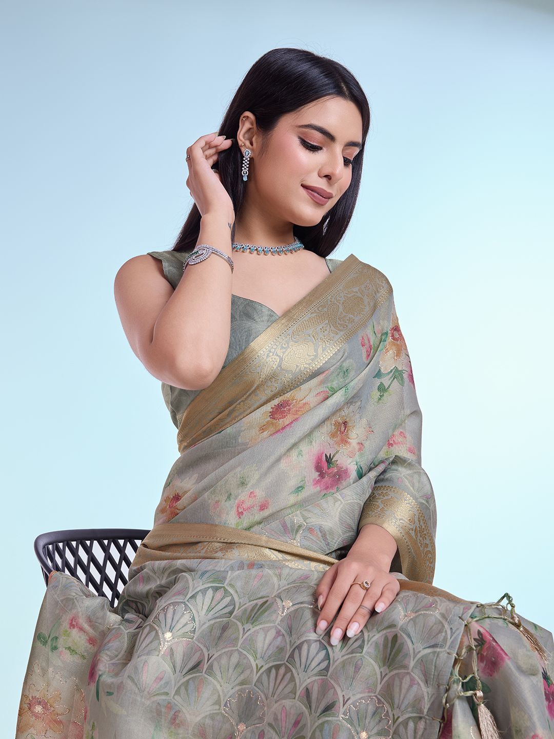 

Mitera Floral Embellished Zari Saree With Tassels, Green