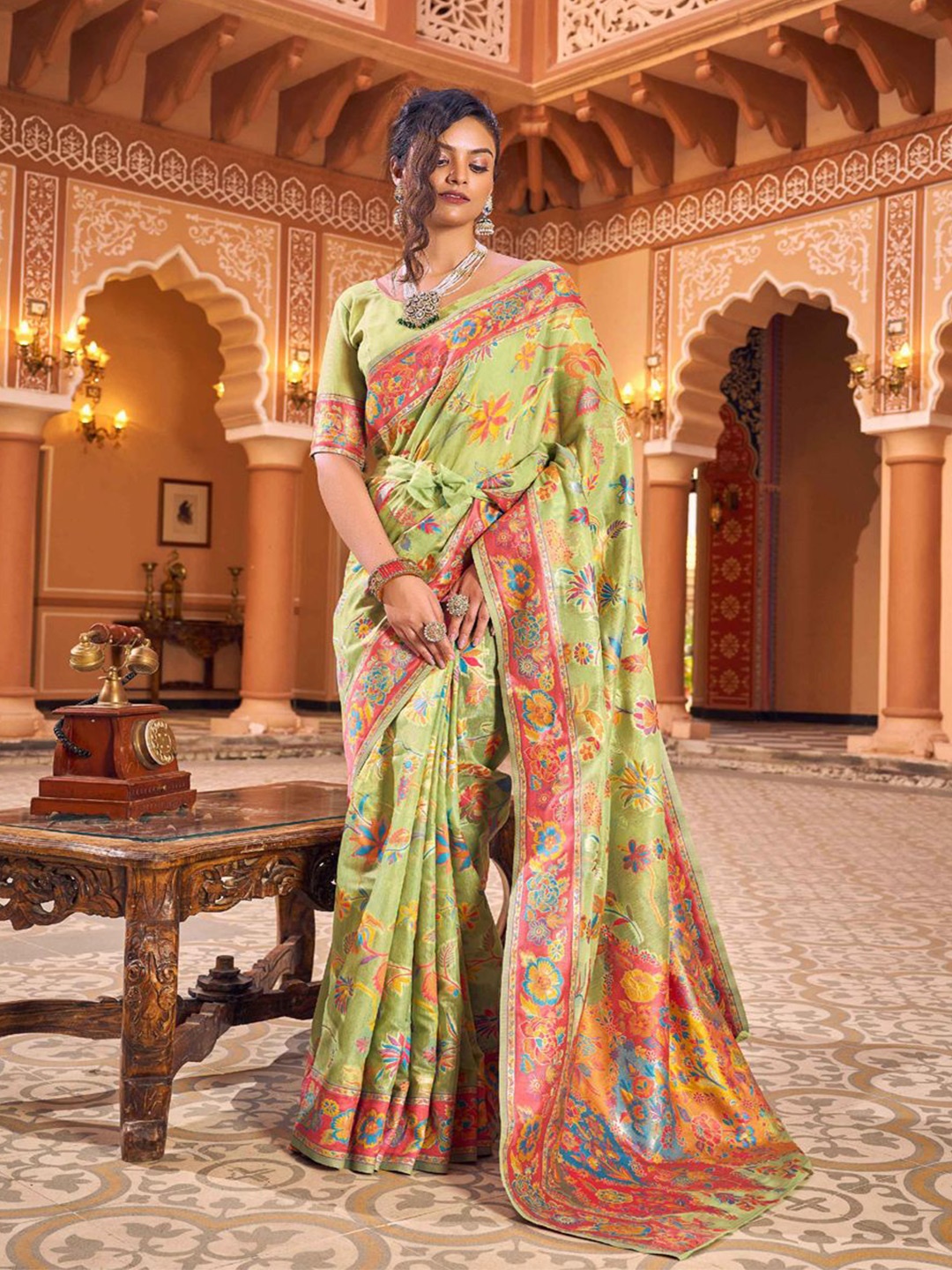 

Krimmple Woven Design Zari Saree, Lime green