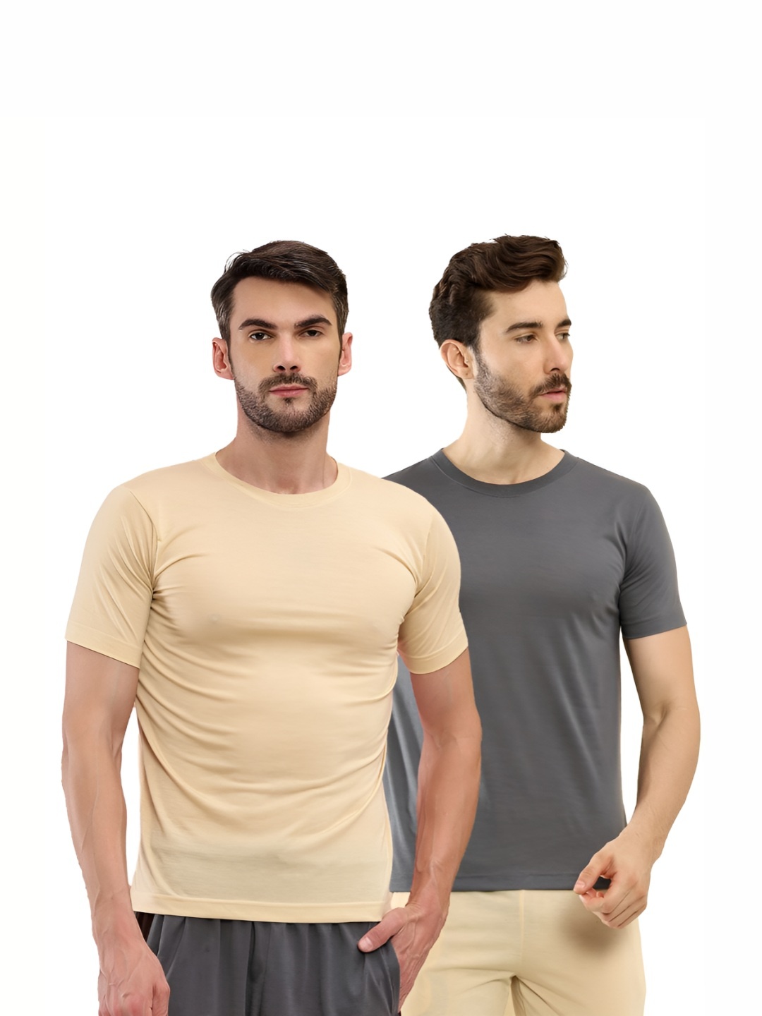 

T.T. Men Pack Of 2 Solid Round Neck Slim Fit T-shirts, Cream