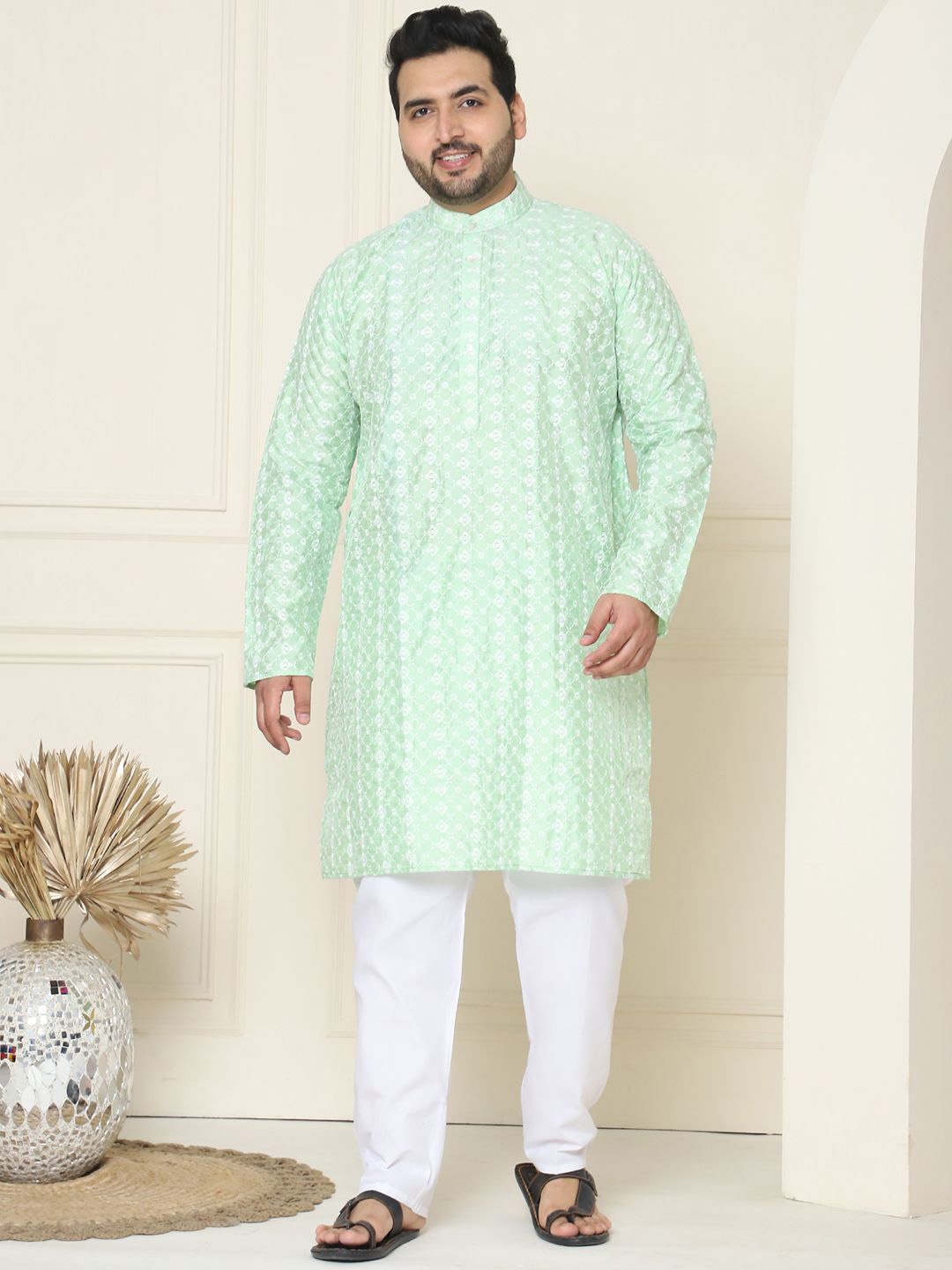 

SOJANYA PLUS Floral Embroidered Thread Work Silk Cotton Straight Kurta with Pyjamas, Blue