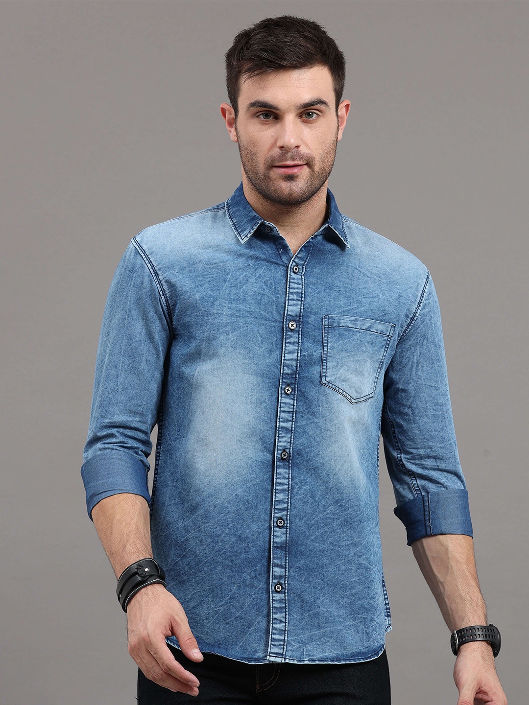 

REGROWTH Men Standard Spread Collar Solid Polycotton Casual Shirt, Blue