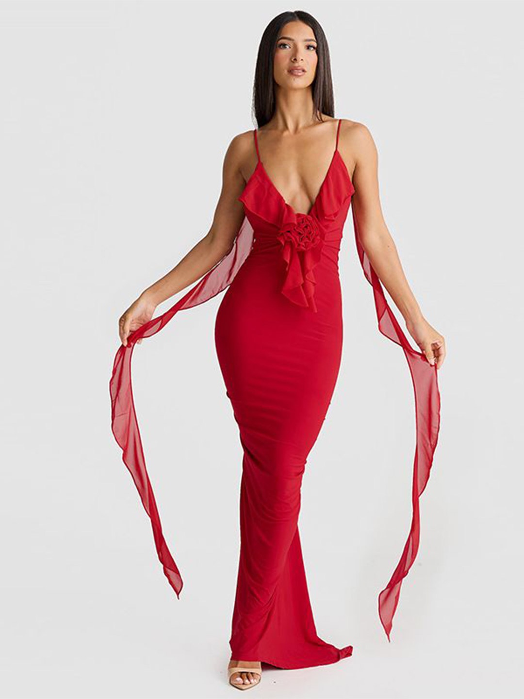 

MIAKEE Women Solid V-Neck Party Maxi Dress, Red
