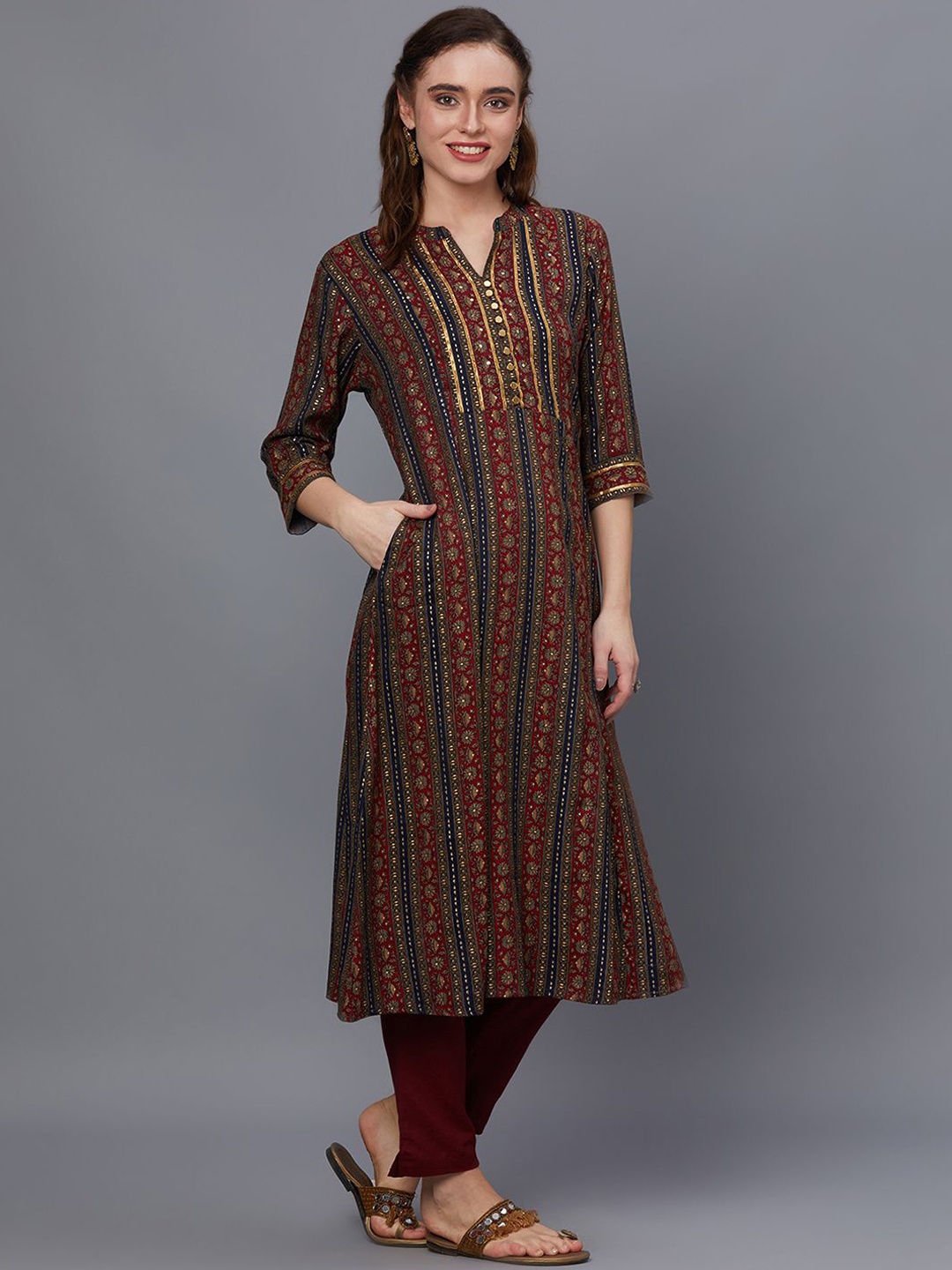 

Shree Floral Printed Sequinned Mandarin Collar Liva A-Line Kurta, Maroon