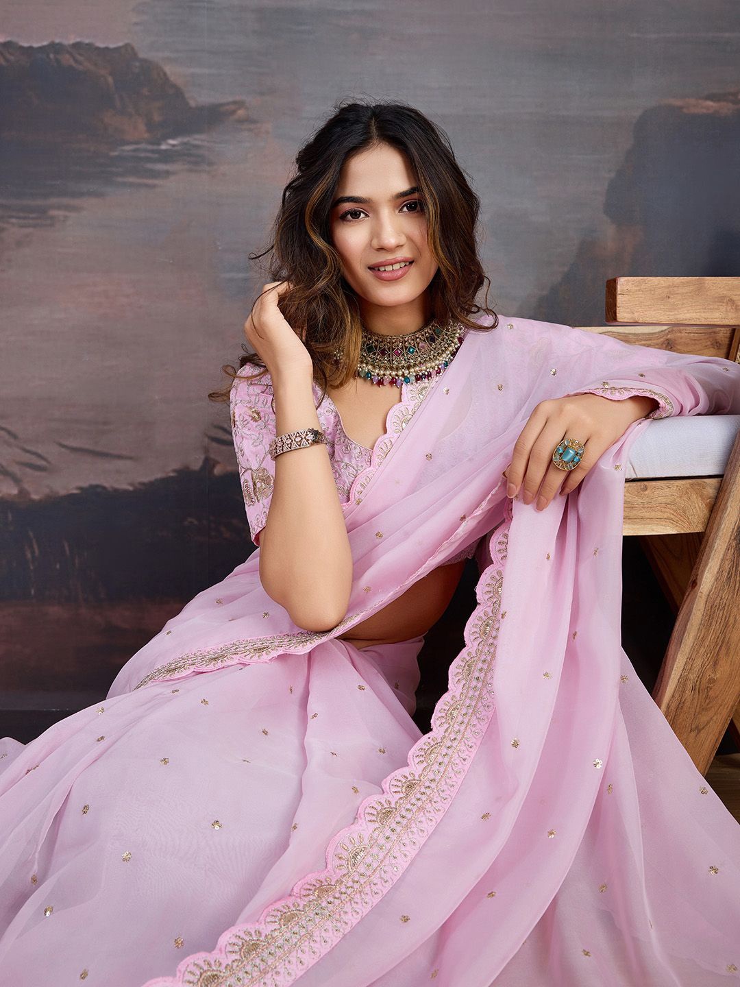 

House of Pataudi Embroidered Sarees With Blouse Piece, Pink
