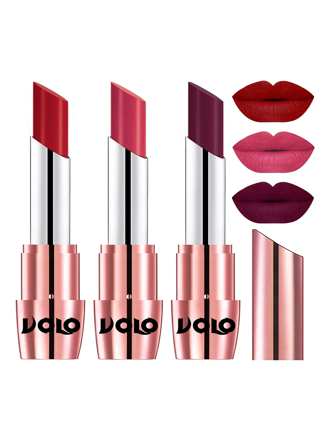 

VOLO Set Of 3 Creme Matte Lipstick-3.5g-Tomato Red 640-Pink-641-Wine647, Multi