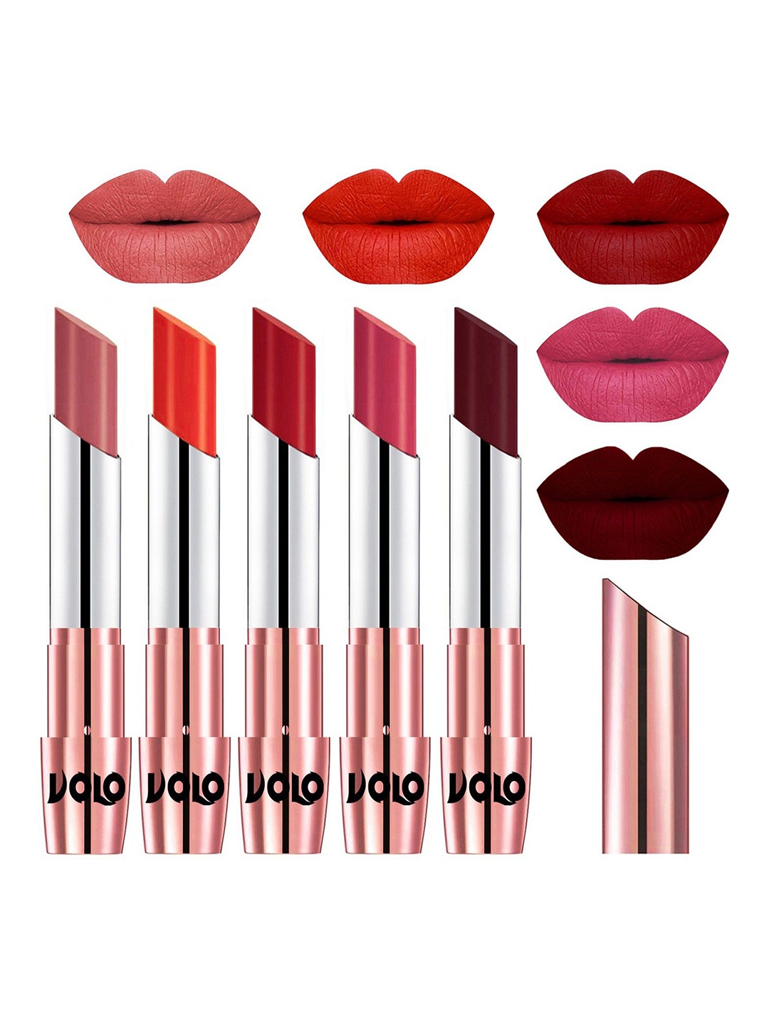 

VOLO Set Of 5 Creme Matte Lipstick-3.5g Each-Light Peach-Coral-Tomato Red- Pink- Maroon, Multi