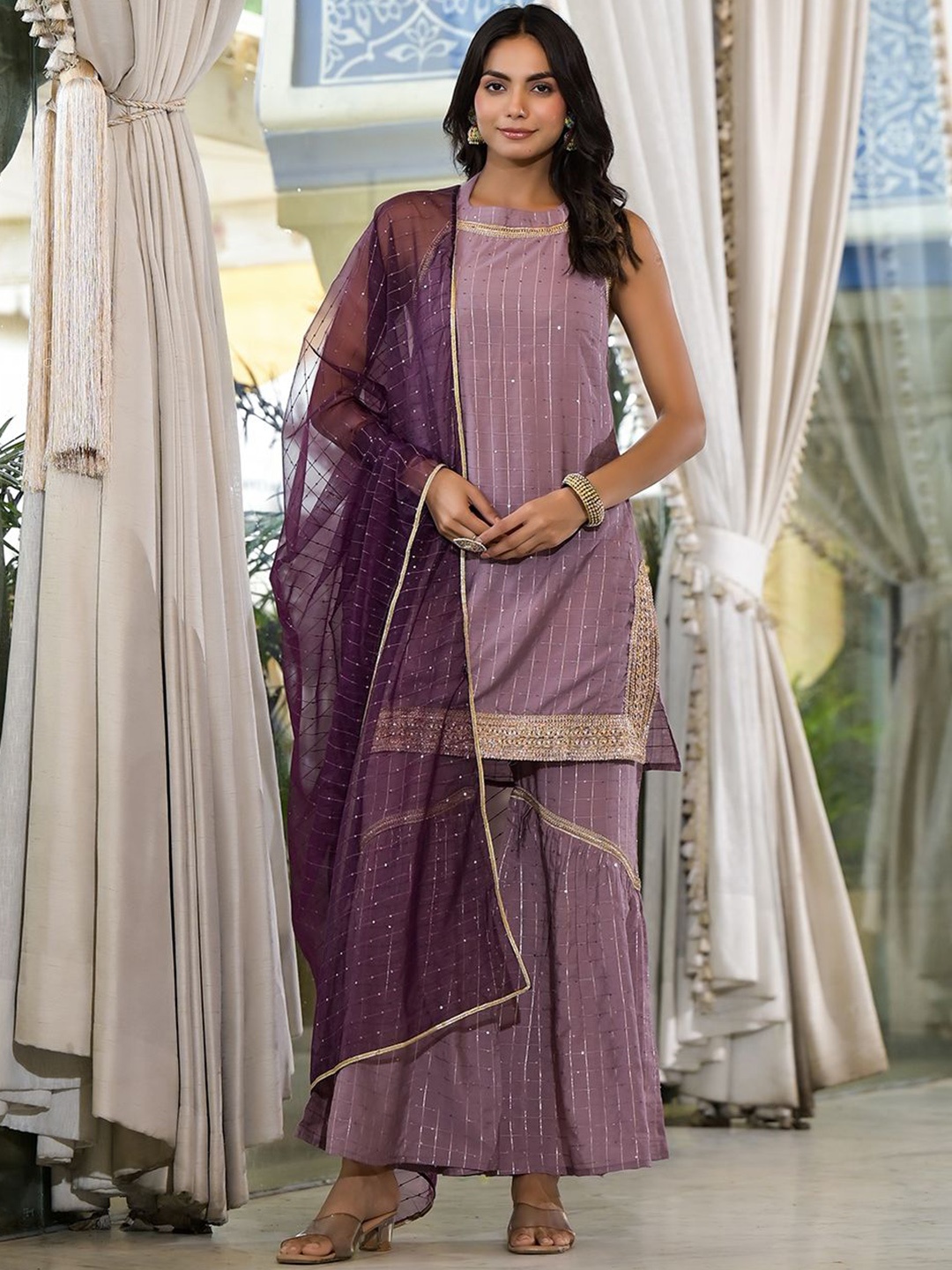 

AKS Couture Checked Regular Sequinned Pure Cotton Straight Kurti with Sharara & Dupatta, Mauve