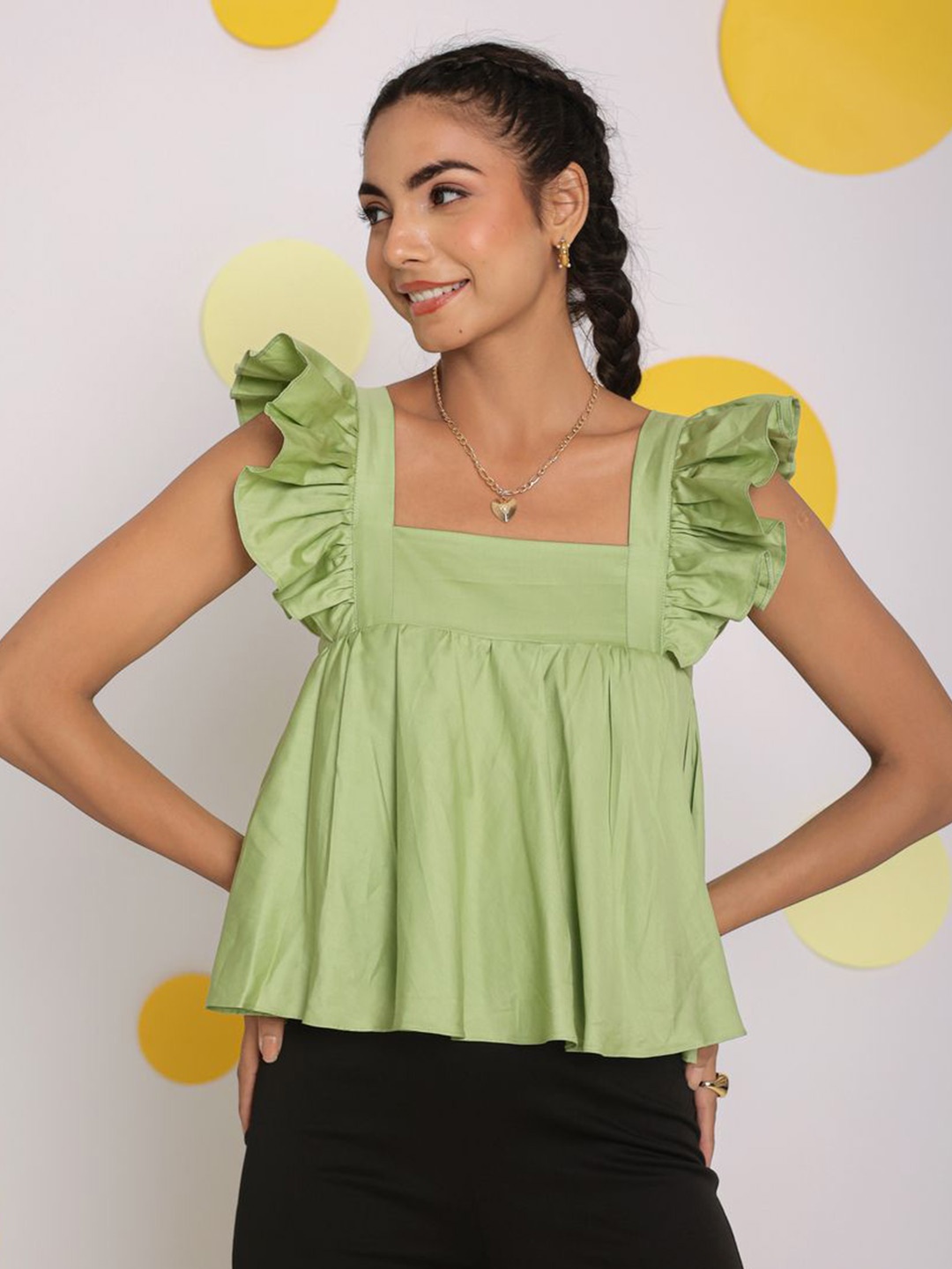 

KAORI BY SHREYA AGARWAL Women Solid Square Neck Cotton Top, Green