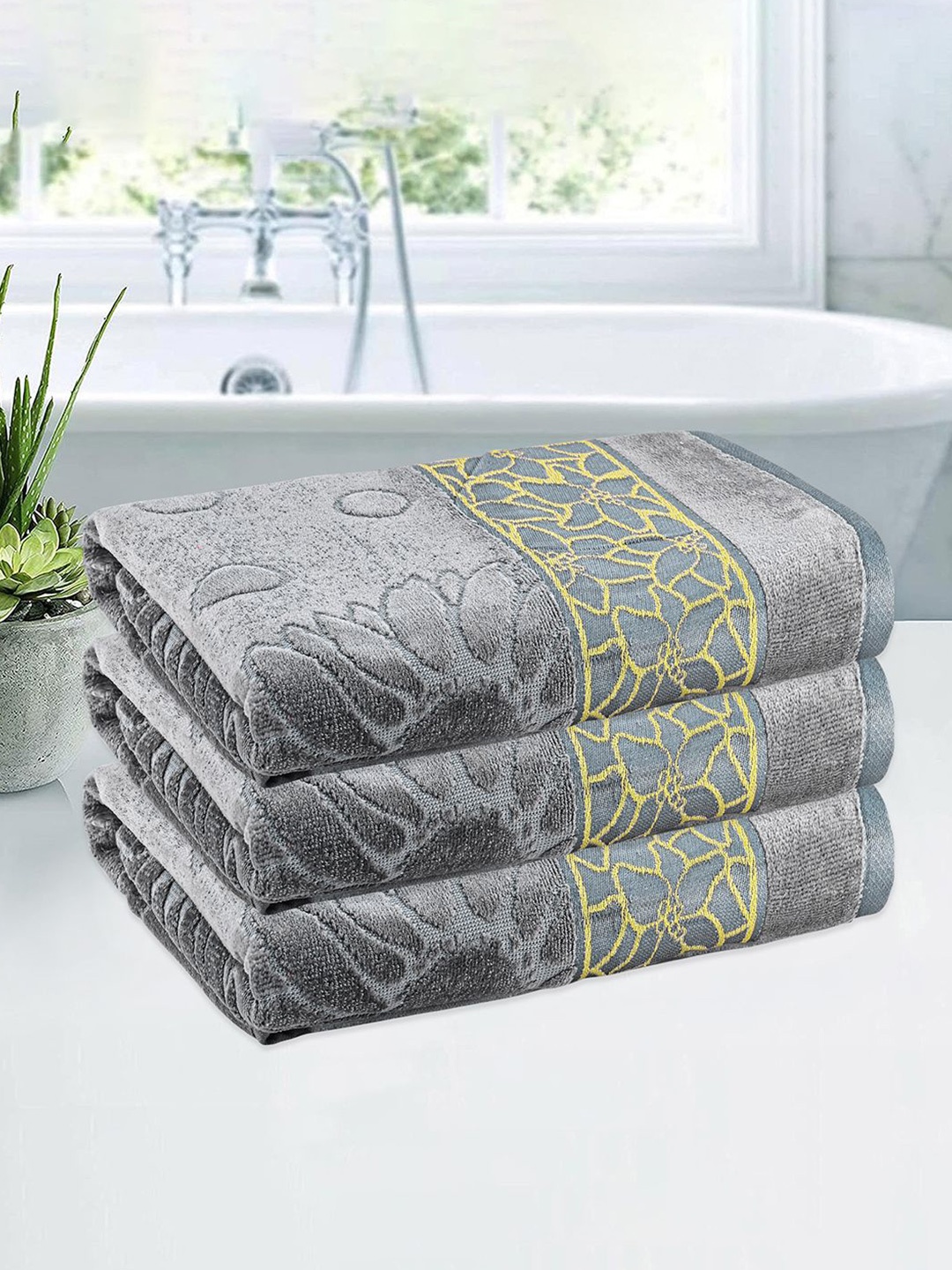 

Kuber Industries Grey & Yellow 3 Pieces Printed Cotton 450 GSM Bath Towel