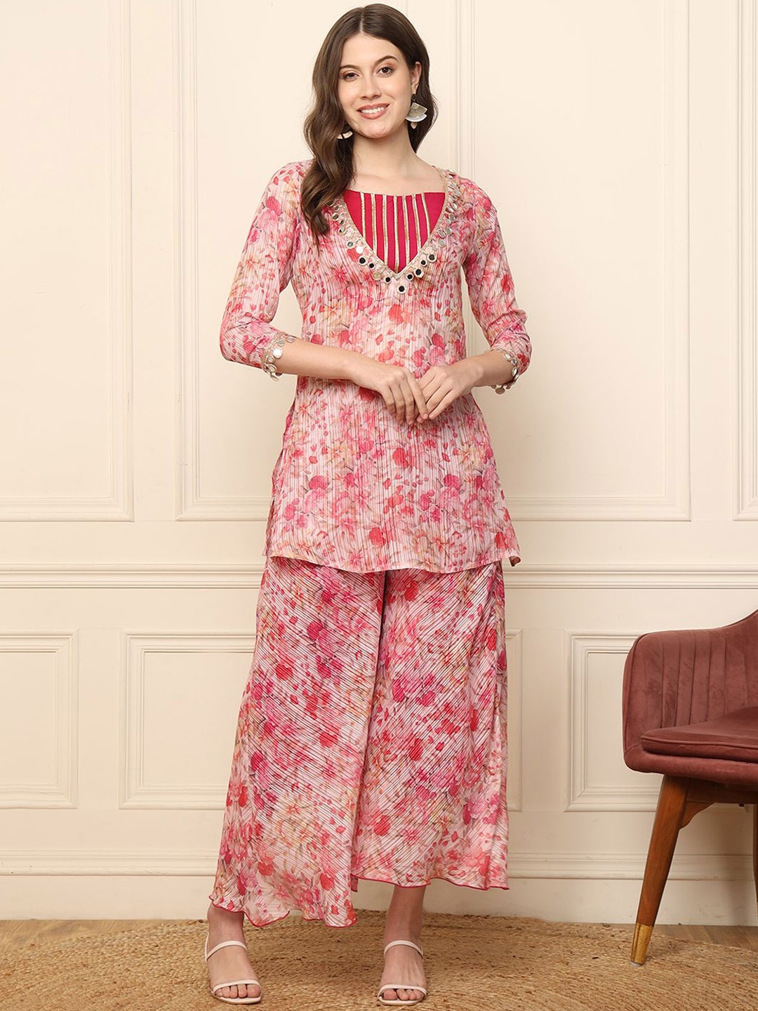 

DEEBACO Striped Crop Top With Floral Printed Tunic & Palazzos, Pink
