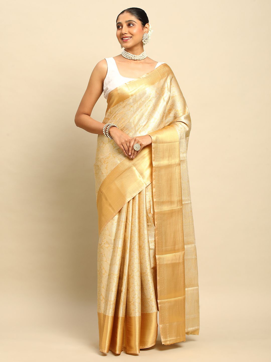 

DrapeMall Woven Design Zari Kanjeevaram Saree, Gold
