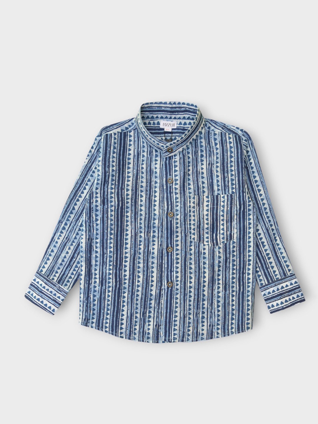 

MYZUIE Boys Band Collar Abstract Printed Cotton Casual Shirt, Blue