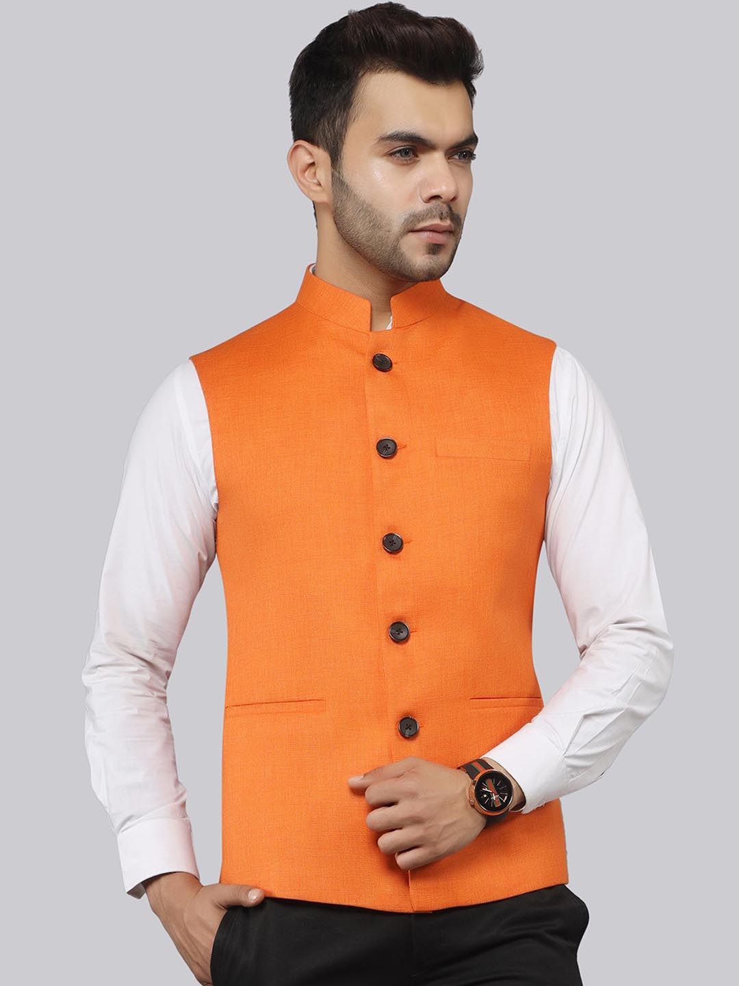 

LA'SCOOT Mandarin Collar Linen Nehru Jacket, Orange