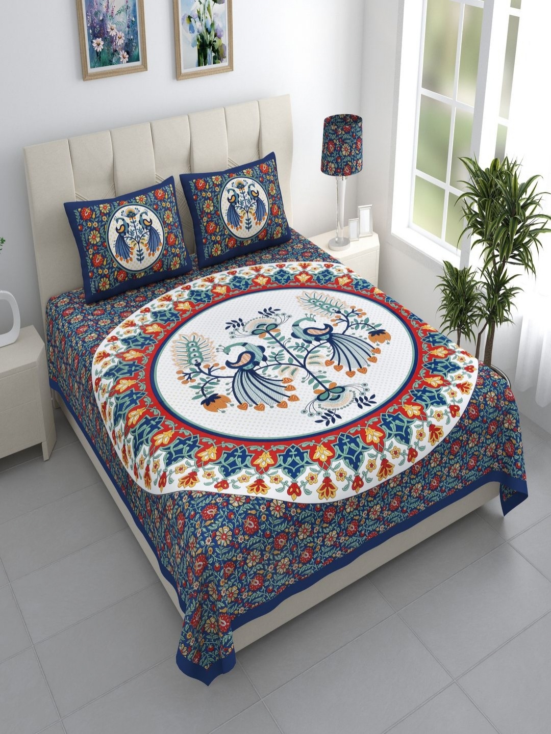 

Qfab Blue Ethnic Motifs Printed 144 TC Cotton King Bedsheet with 2 Pillow Covers