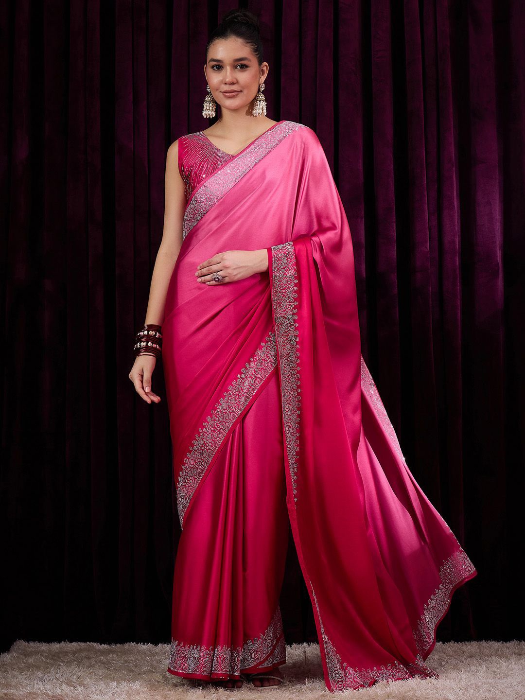 

Saree mall Beads and Stones Embellished Ombre Sarees Party Wear Saree with Matching Blouse, Pink