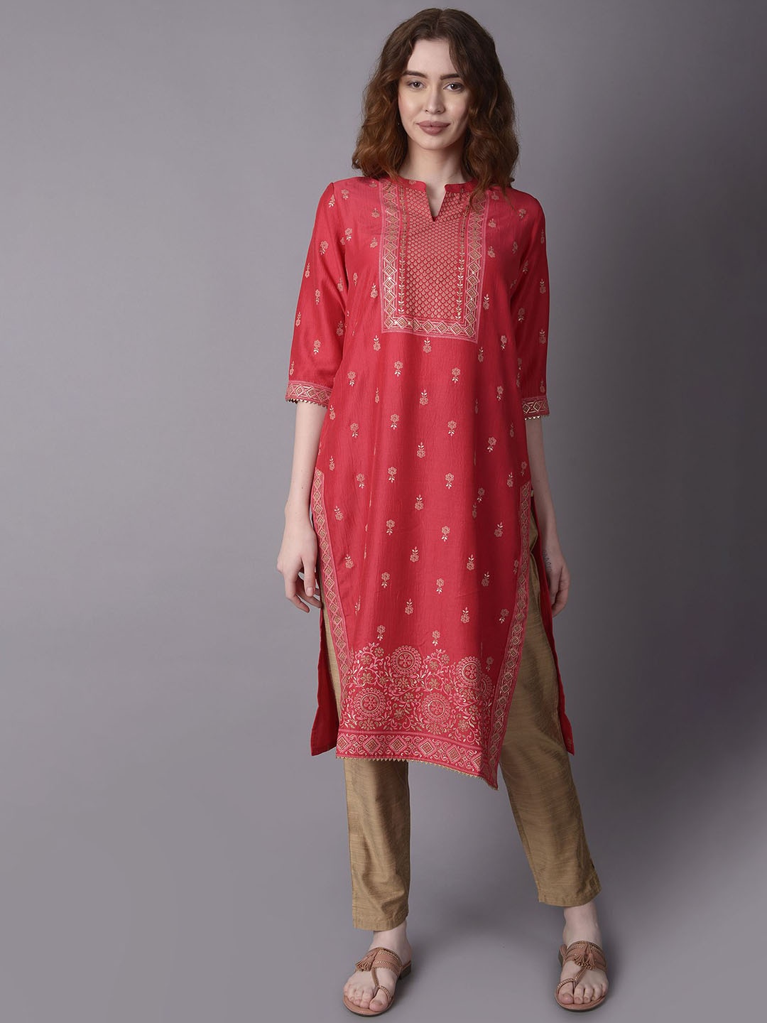 

Shree Mandarin Collar Ethnic Motifs Liva Straight Kurta, Pink