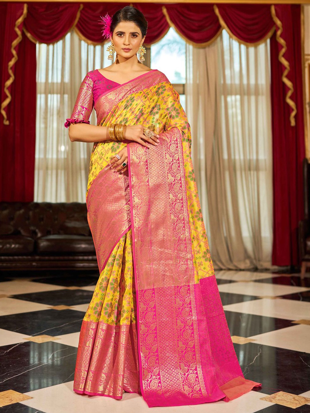 

Krimmple Woven Design Zari Pure Cotton Saree, Yellow