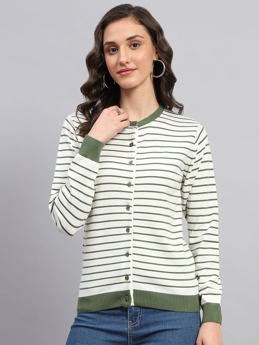 

Monte Carlo Women Striped Woollen Cardigan, White