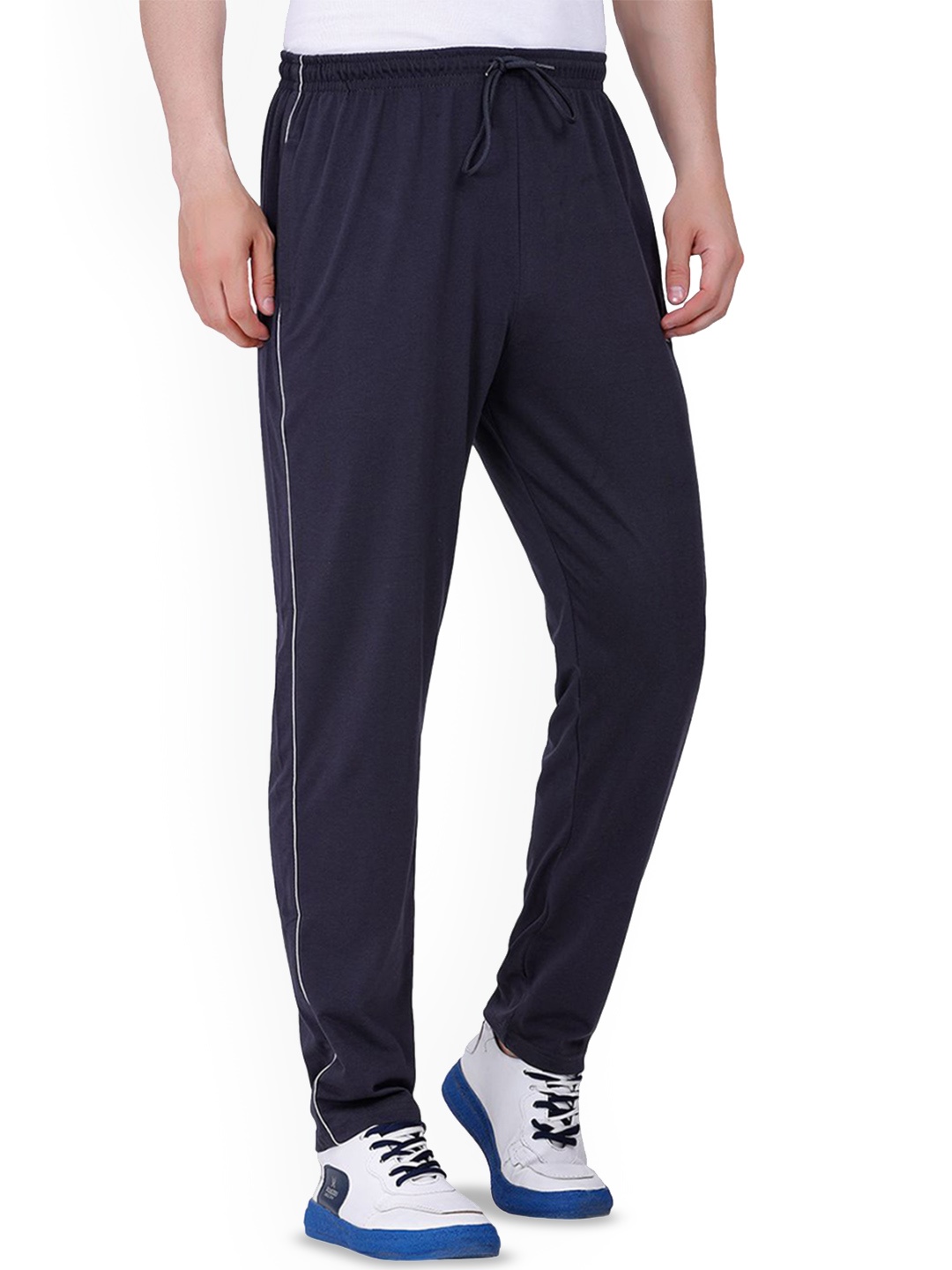 

ARRAY Men Printed Detail Cotton Mid Rise Track Pants, Navy blue