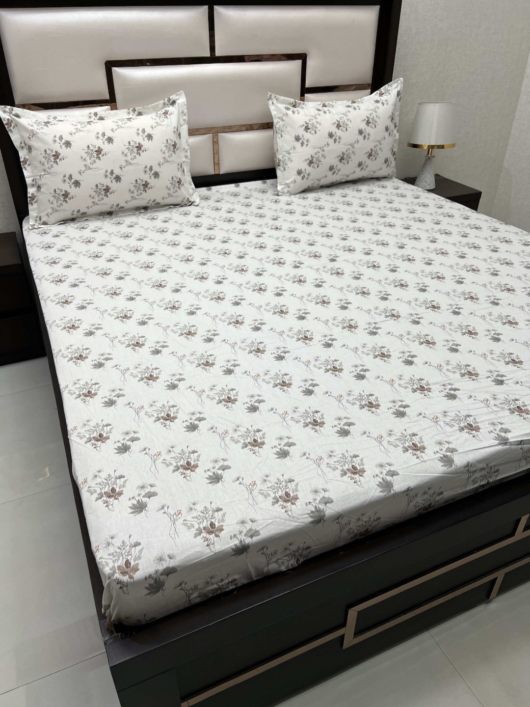 

Pure Decor White & Grey Floral 330 TC Cotton King Bedsheet with 2 Pillow Covers